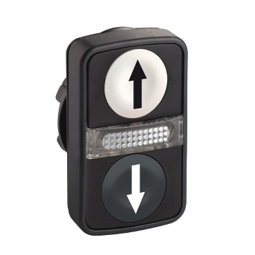 Head for illuminated double headed push button, Harmony XB5, 2 white/black flush, 22mm, 1 central pilot light, marked up/down arrow