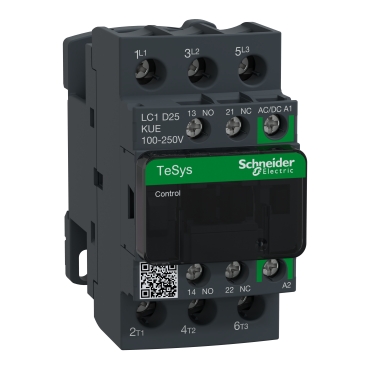 IEC contactor, TeSys Deca Green, nonreversing, 25A, 15HP at 480VAC, up to 100kA SCCR, 3 phase, 3 NO, 100/250VAC/VDC coil