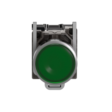 Illuminated push button, Harmony XB4, metal, green flush, 22mm, universal LED, plain lens, 1NO + 1NC, 24V AC DC