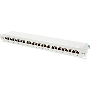 [DN91624S] CAT 6 patch panel, shielded, 24-port RJ45, 8P8C, LSA, 1U, cabinet mounting, gray RAL 7035