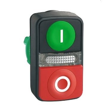 [ZB5AW7L3741] Harmony XB5, Illuminated double-headed push button head, plastic, Ø22, 1 green flush I + 1 pilot light + 1 red projecting O